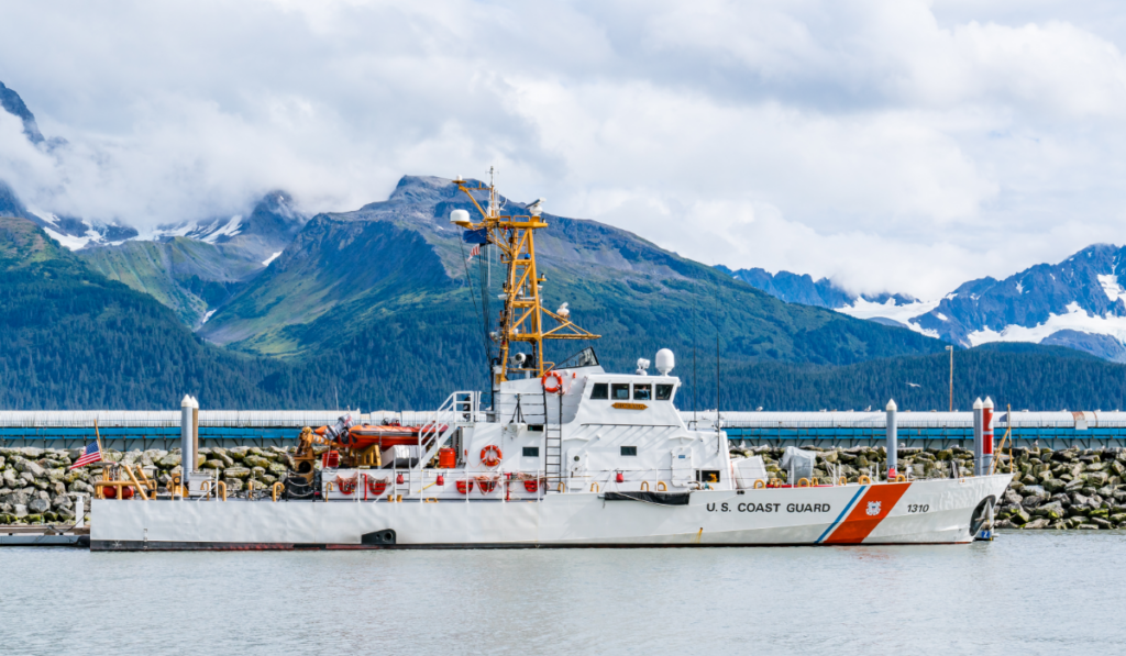 United States Coast Guard cutter at dock in Alaska