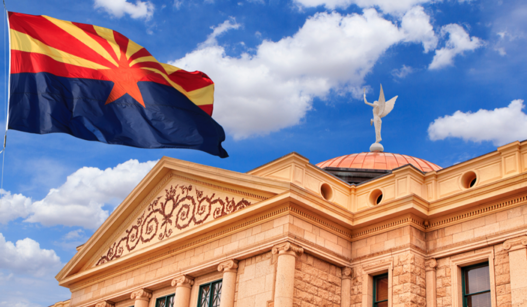 Arizona state capitol building with flag