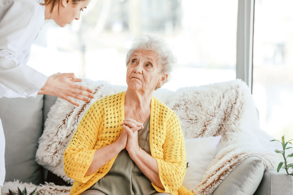 nursing home staff yelling at startled older woman