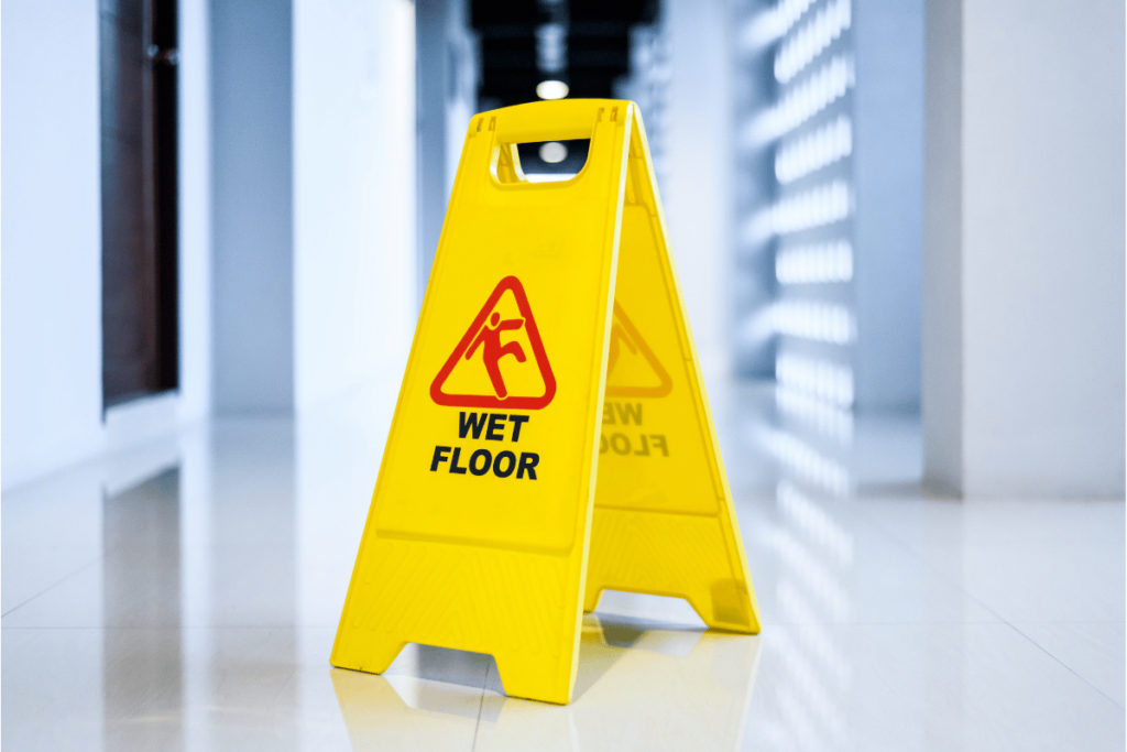 wet floor sign in clean hallway