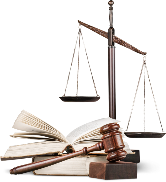a gavel, law book and justice scale