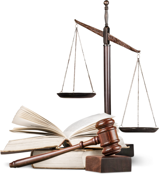 a gavel, law book and justice scale