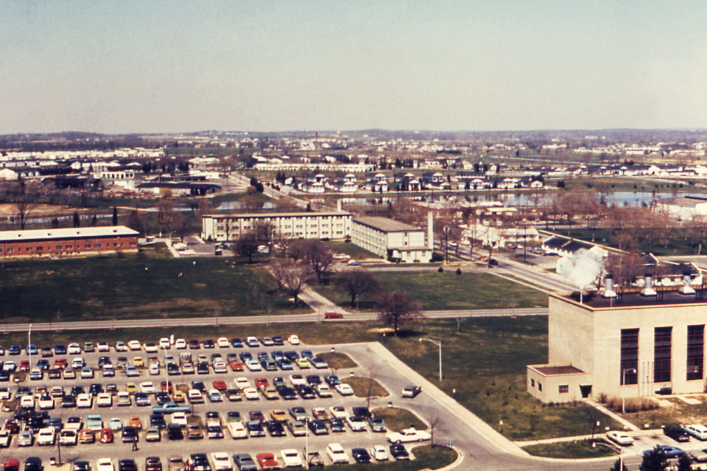 an aerial shot of an area with several buildings