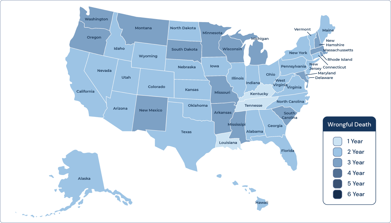 map of wrongful death statute of limitations for all 50 states