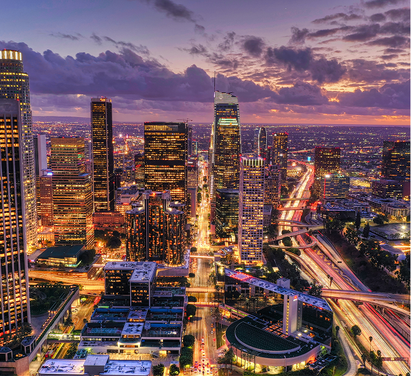 Aerial shot of downtown Los Angeles at night