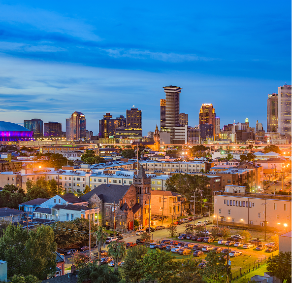 City shot at dusk of New Orleans Louisiana. The Gori Law Firm has award winning mesothelioma lawyers and asbestos exposure attorneys
