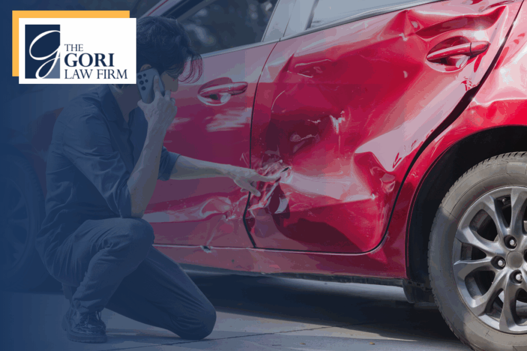 a damaged car with a a man looking at the damage while on a cell phone