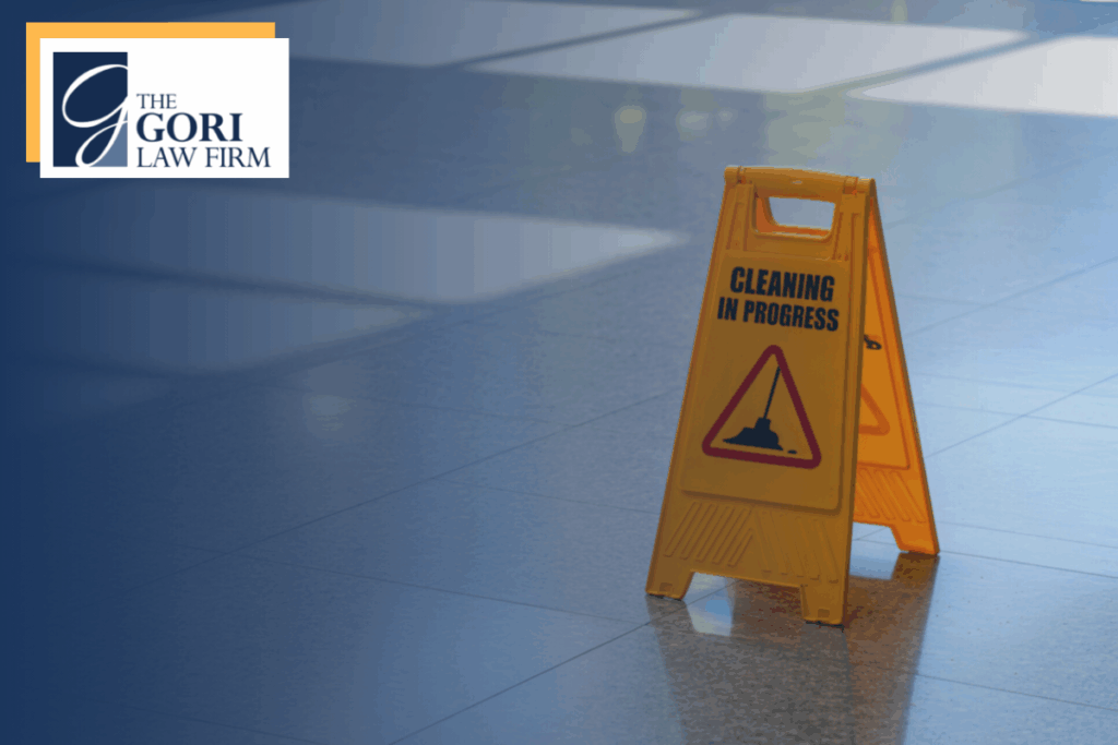 An image of a slip and fall sign on a floor